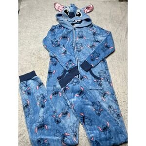 Disney Lilo & Stitch Faux Fur Hooded One Piece Pajamas Union Suit XS Placid Blue